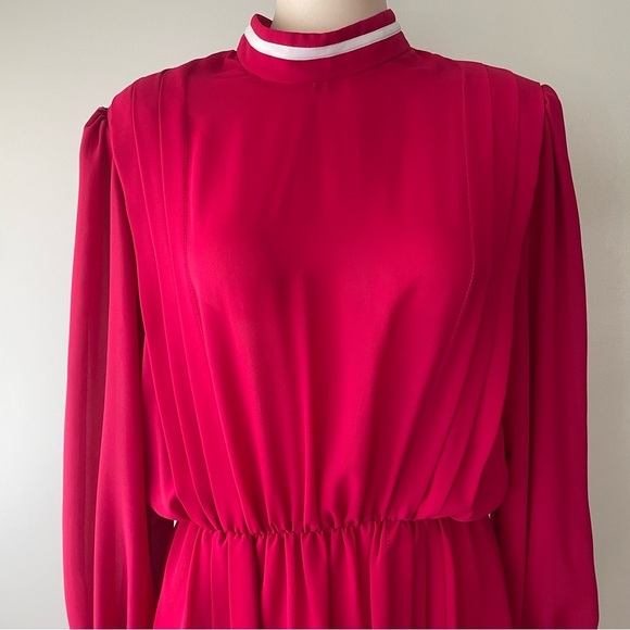 Vintage Joyce Palmer Fuchsia Pink Chiffon Midi Dress Long Sleeve Medium 80s 90s - Picture 9 of 12